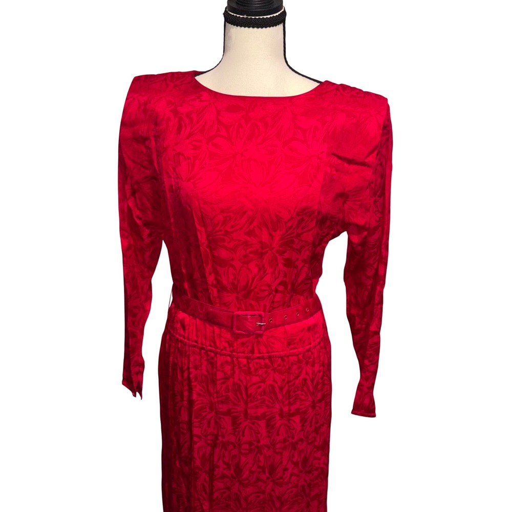 Vintage Silk Jacquard Midi Dress 80s Mob Wife Women 10P Red Argenti Petites - Picture 2 of 11